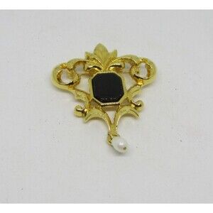 AVON Gold Tone Victorian Revival Brooch Pin Black Onyx Freshwater Pearl Dangle